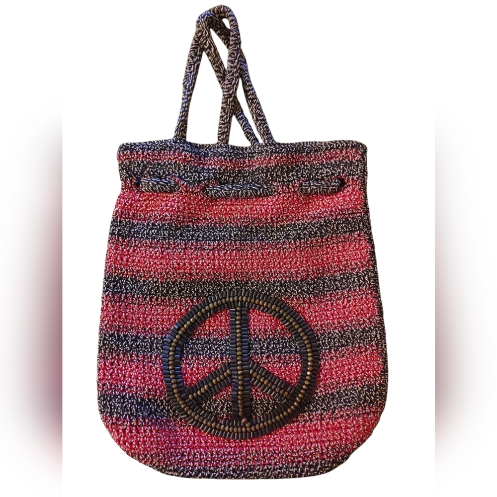 The Sak Stylish Red and Black Tote Bag With Peace Sign Two Pockets